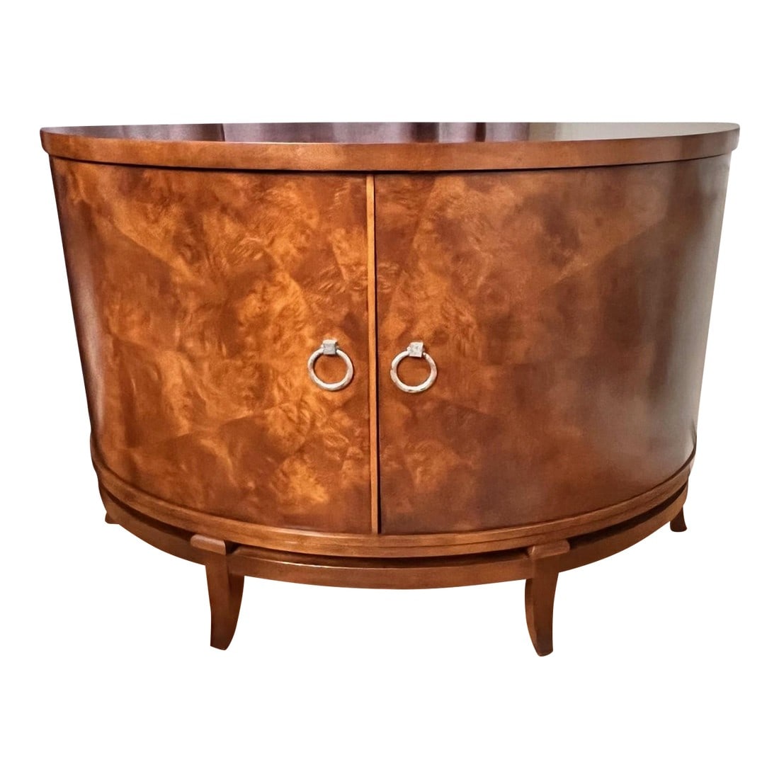 1990s Century Furniture Omni Demilune Two Door Cabinet: Century Furniture Omni demilune two door cabinet. Walnut double doors, sable color, with fixed shelves. Beautiful star-burst veneer faÃ§ade, curved stretcher between saber shaped legs,