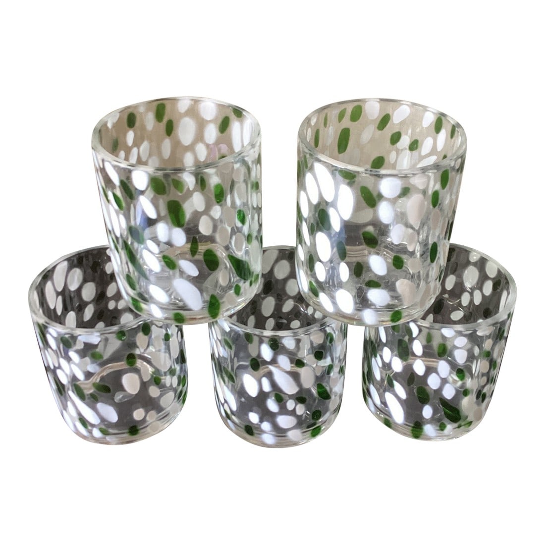 1970s Mid Century Style Green and White Lucite Glasses- Set of 5: Thick Quality Lucite with Fun Green and White Dot Details. SET OF 5. To View all of my listings at Bill Trimble Home, Click on Bill Trimble Home on the right side of this listing. Follow Bill
