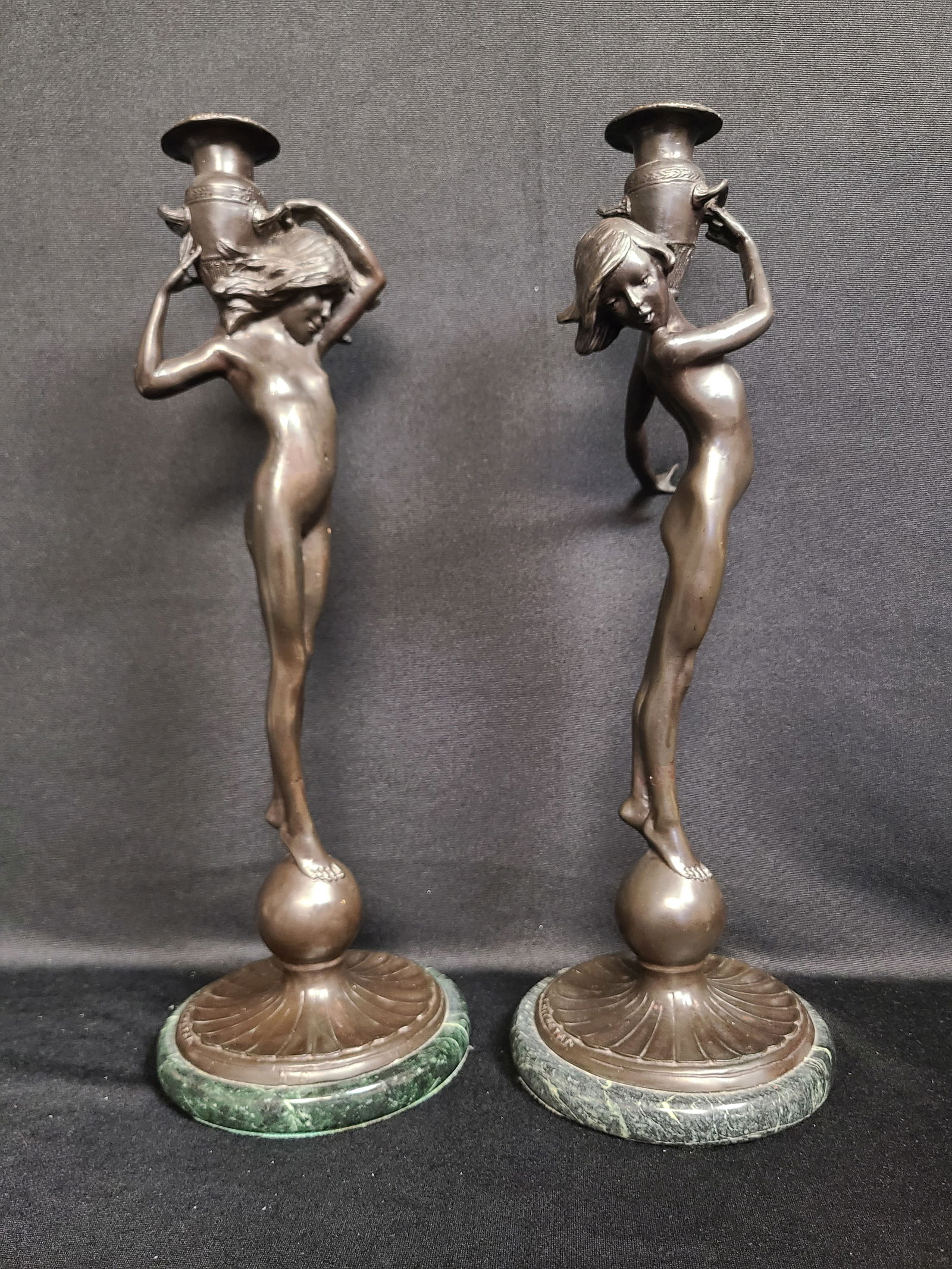 1910s Edward McCartan Bronze Sculpture Art Nudes on Marble Base Candlestick Holders- a Pair - 2