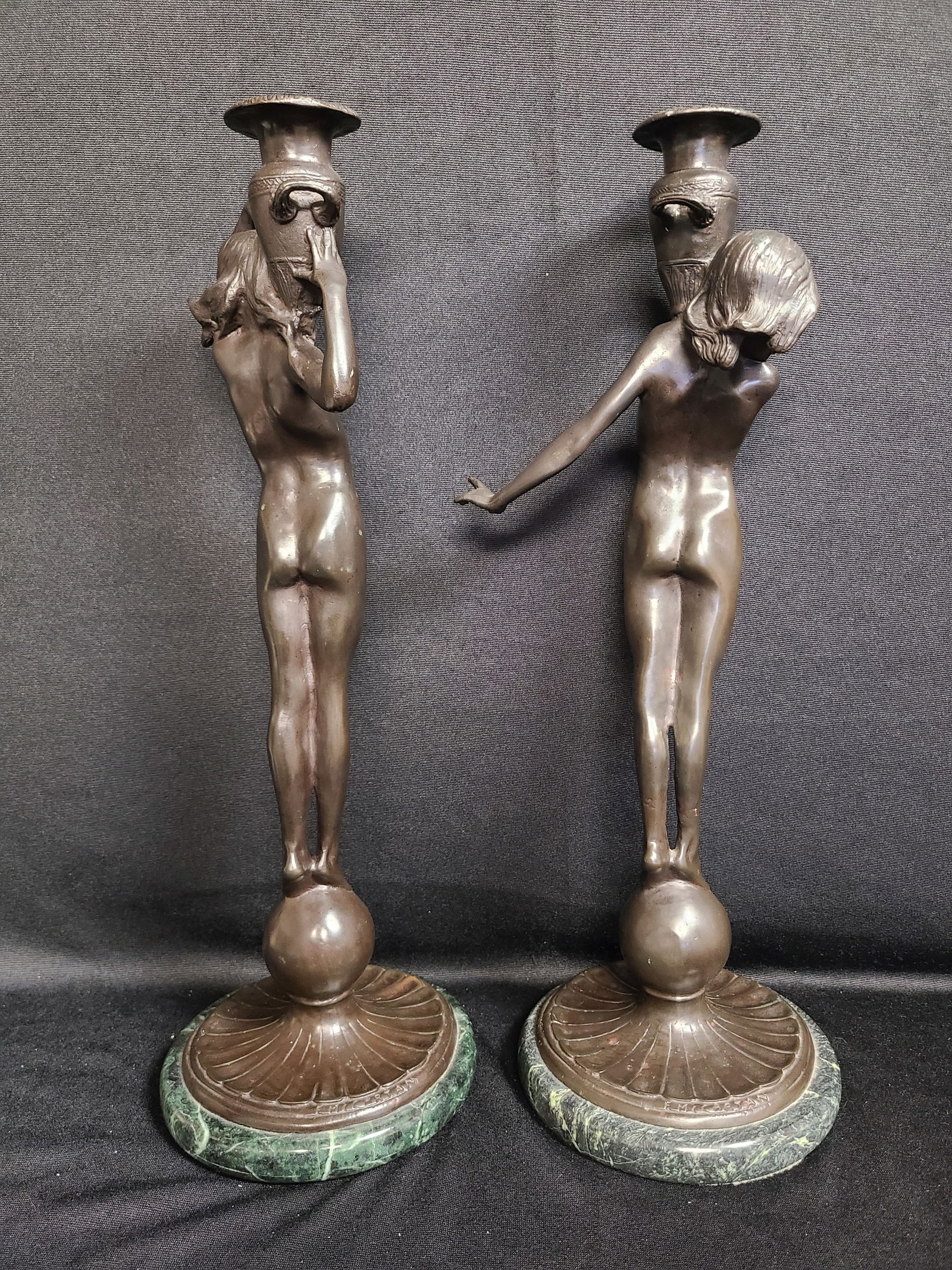 1910s Edward McCartan Bronze Sculpture Art Nudes on Marble Base Candlestick Holders- a Pair - 4