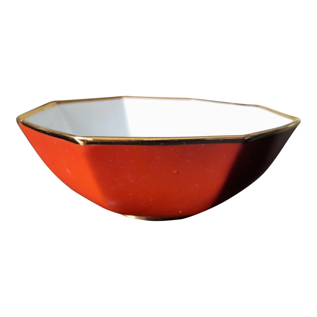 1970s Fitz and Floyd Ff "Ramses" Octagonal Orange Serving Bowl: Gorgeous Colors and Whimsical Egyptian Motif and Gold Rim detail. I call this color Hermes Style Orange but this is made by Fitz and Floyd Circa 1977! To View all of my listings at Bill Trimble