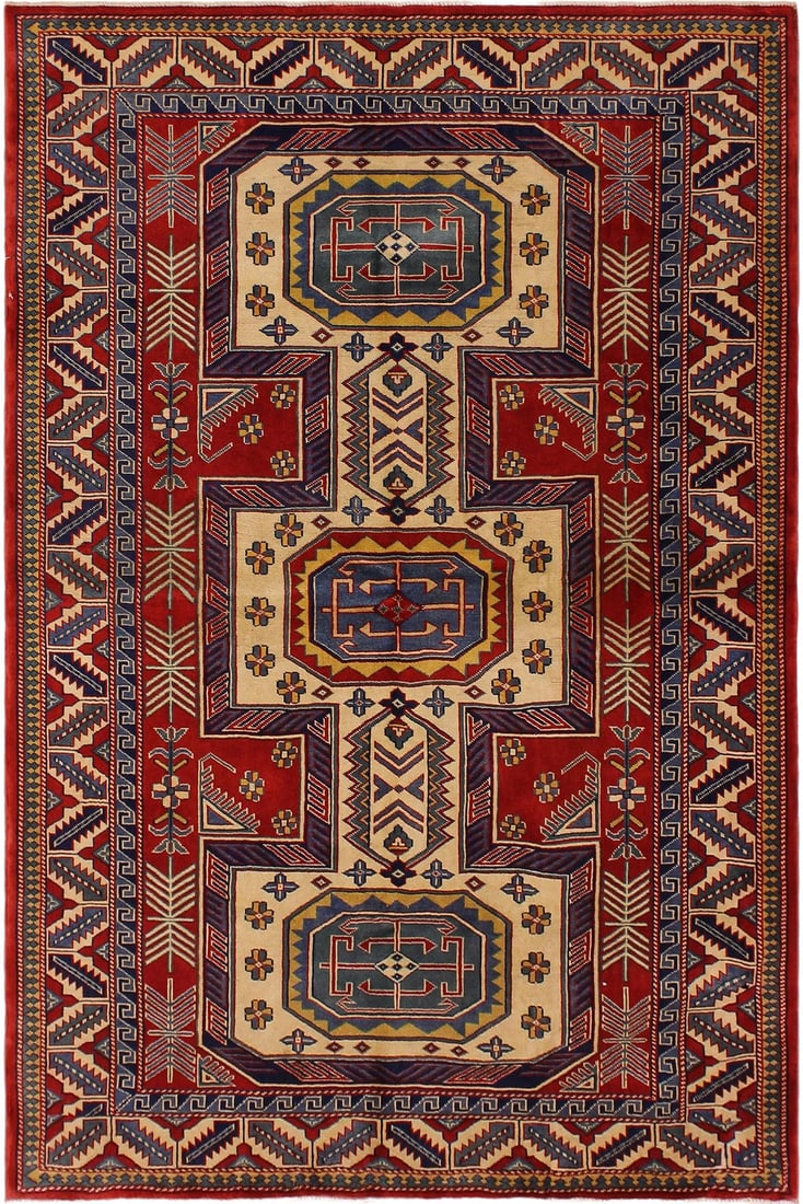 1980s Semi Vintage Sherwan Red/Blue Wool Rug -4'7" X 6'2": Create a new dimension of style in your home with this breath-taking hand-knotted rug featuring incredible luxurious texture and appearance. This gorgeous Sherwan rug also known as "Shirvan" is