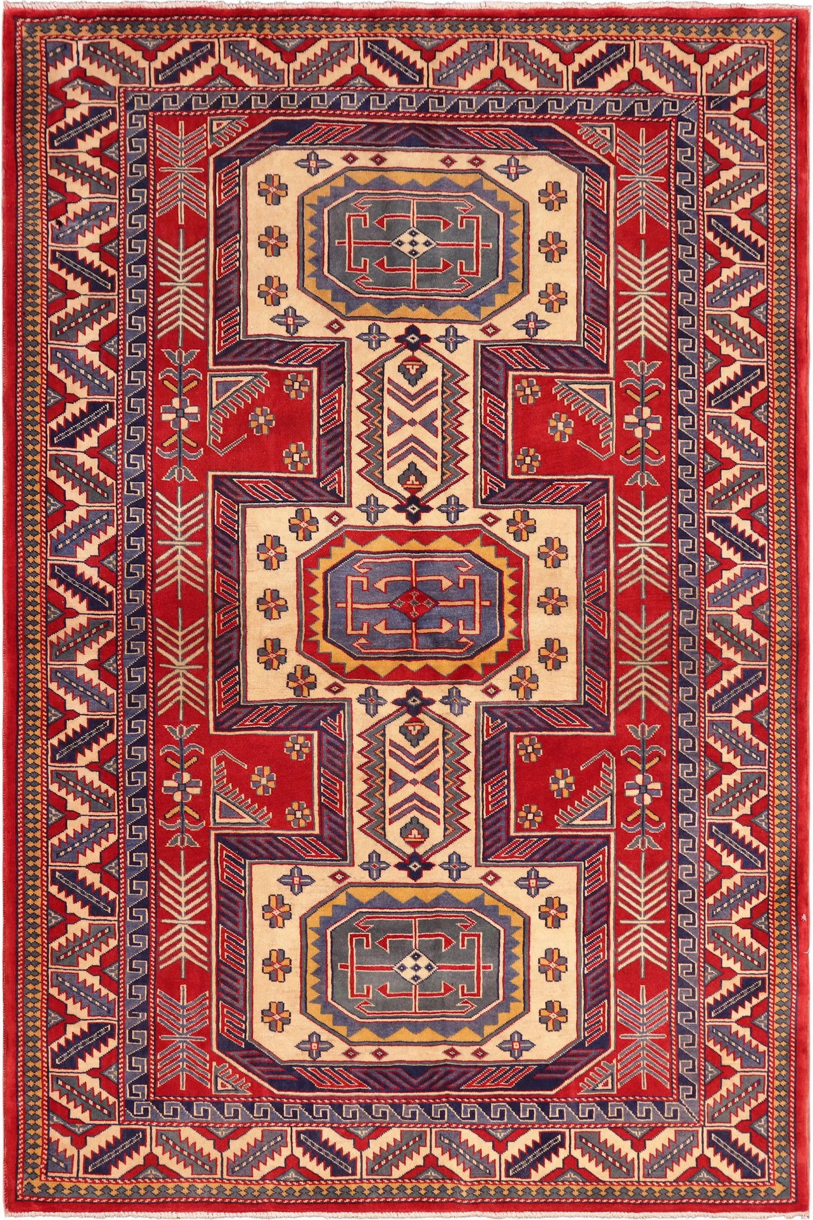 1980s Semi Vintage Sherwan Red/Blue Wool Rug -4'7" X 6'2" - 2