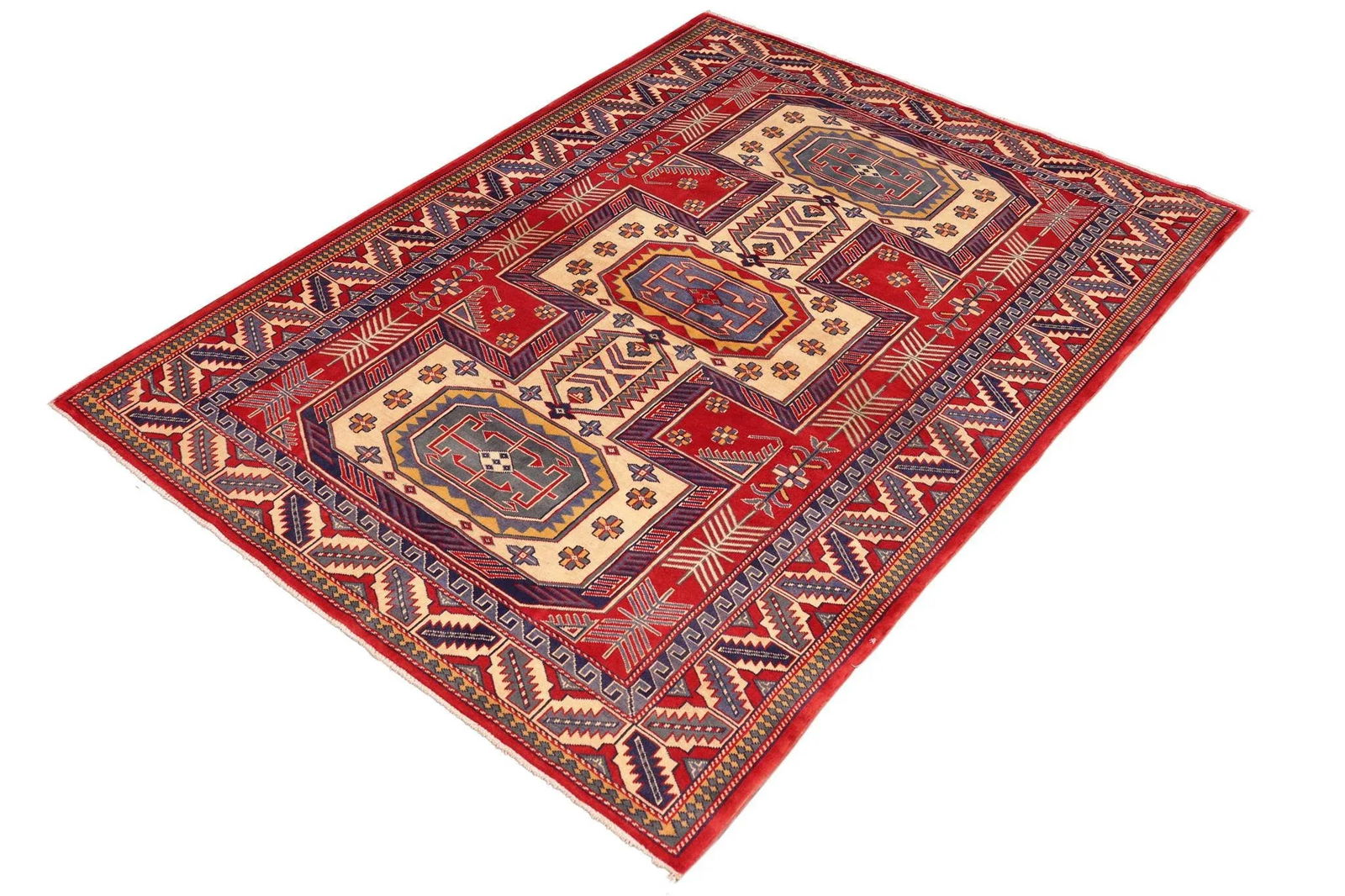 1980s Semi Vintage Sherwan Red/Blue Wool Rug -4'7" X 6'2" - 3