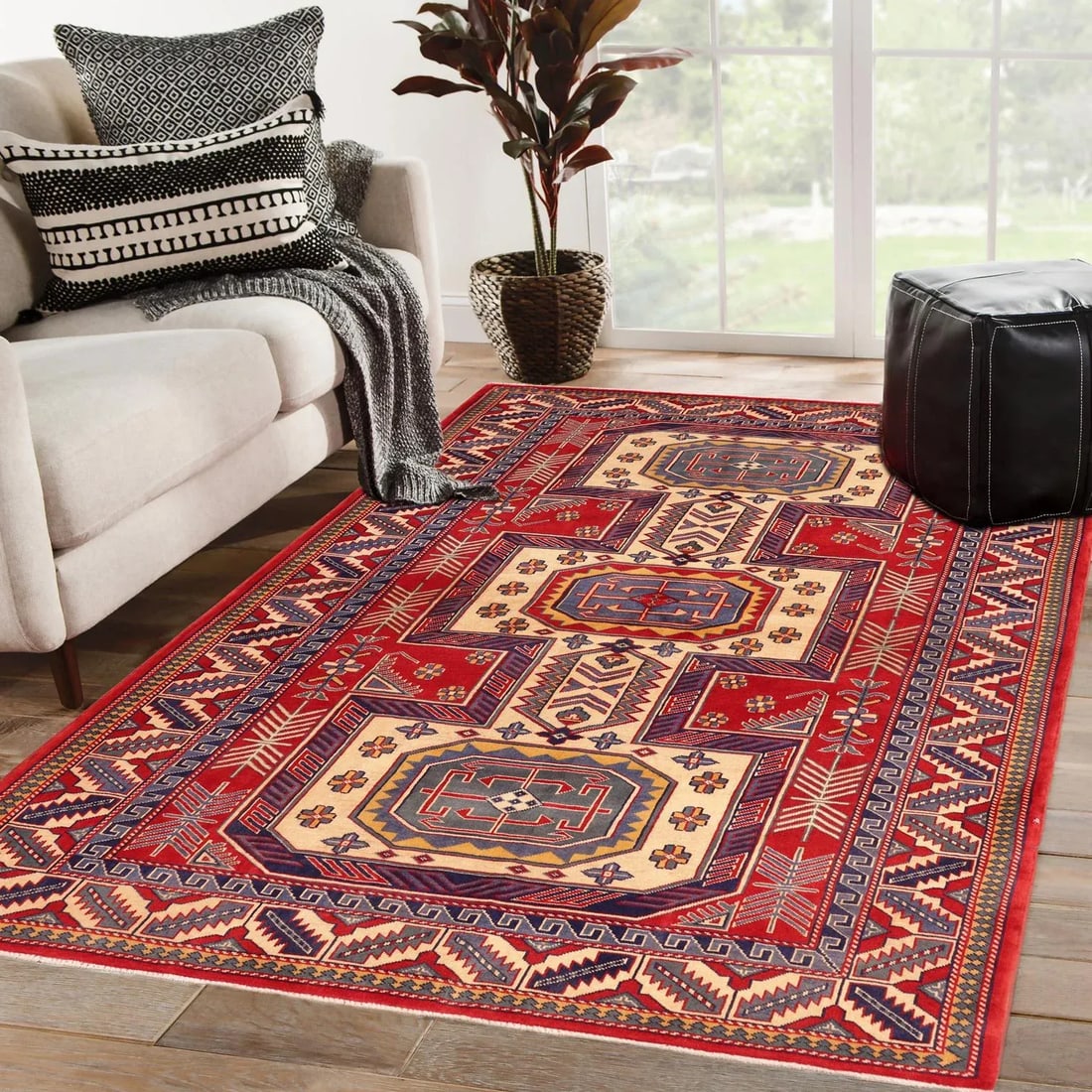 1980s Semi Vintage Sherwan Red/Blue Wool Rug -4'7" X 6'2" - 5