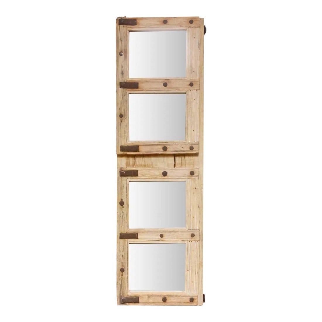 19th Century Indian Window Mirror: With a history whispering from Rajasthan, India, this antique farmhouse style mirror boasts a rustic elegance. Crafted from a repurposed antique door, the teak frame has a bleached, semi-oxidized