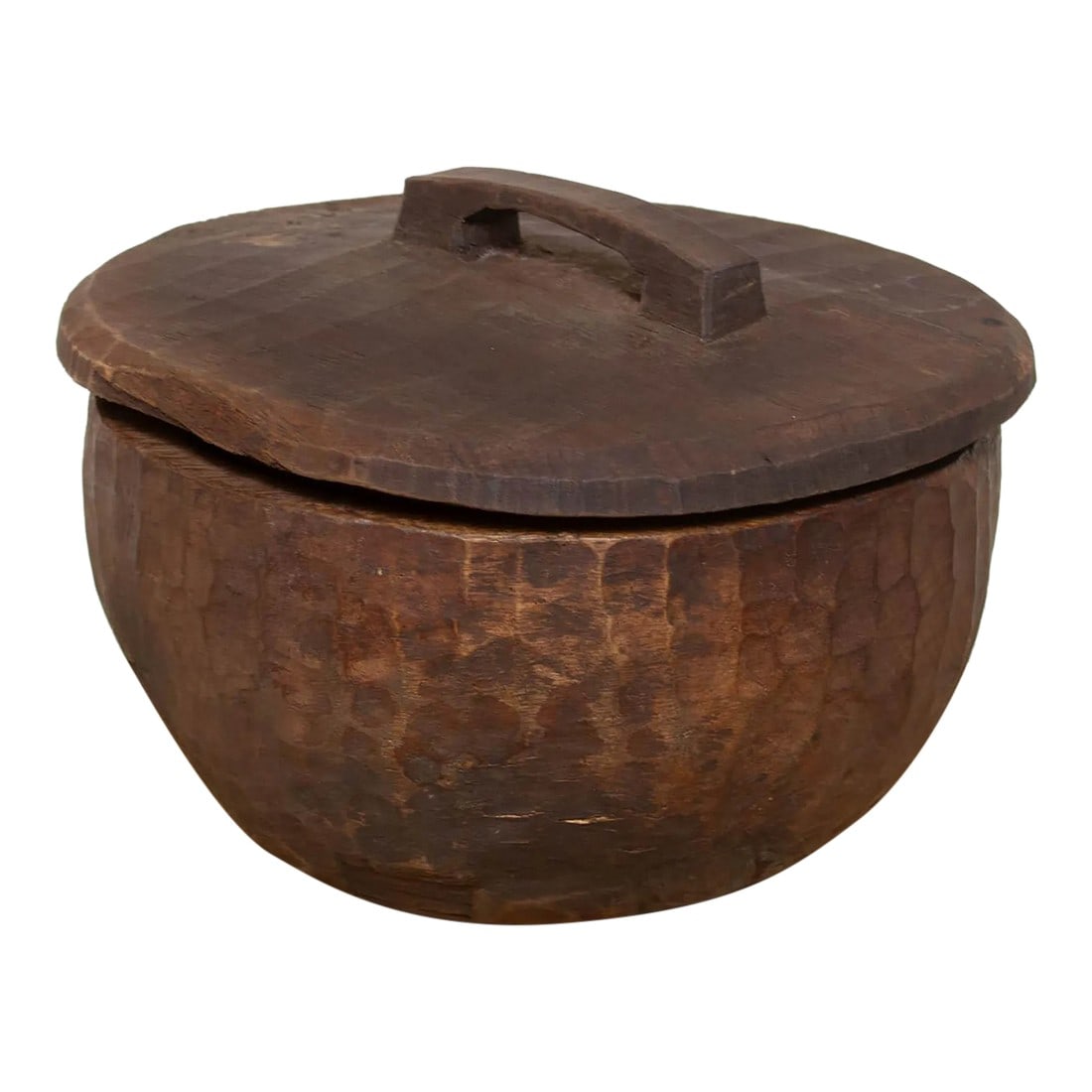 Oversized Rustic Naga Rounded Bowl: Hand-carved from a single log in the highlands of Northeast India, this large Naga wooden vessel with a rounded shape and aged brown patina exudes timeless beauty. Originally used for storing rice,