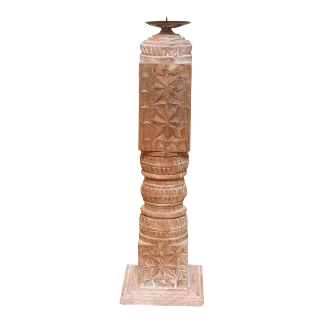Tall Carved Wooden Candle Holder: Handcrafted from reclaimed wood, this Indian candle holder reimagines the traditional charpai bed leg into a charming piece of home decor. The turned work and intricate carvings, featuring tribal