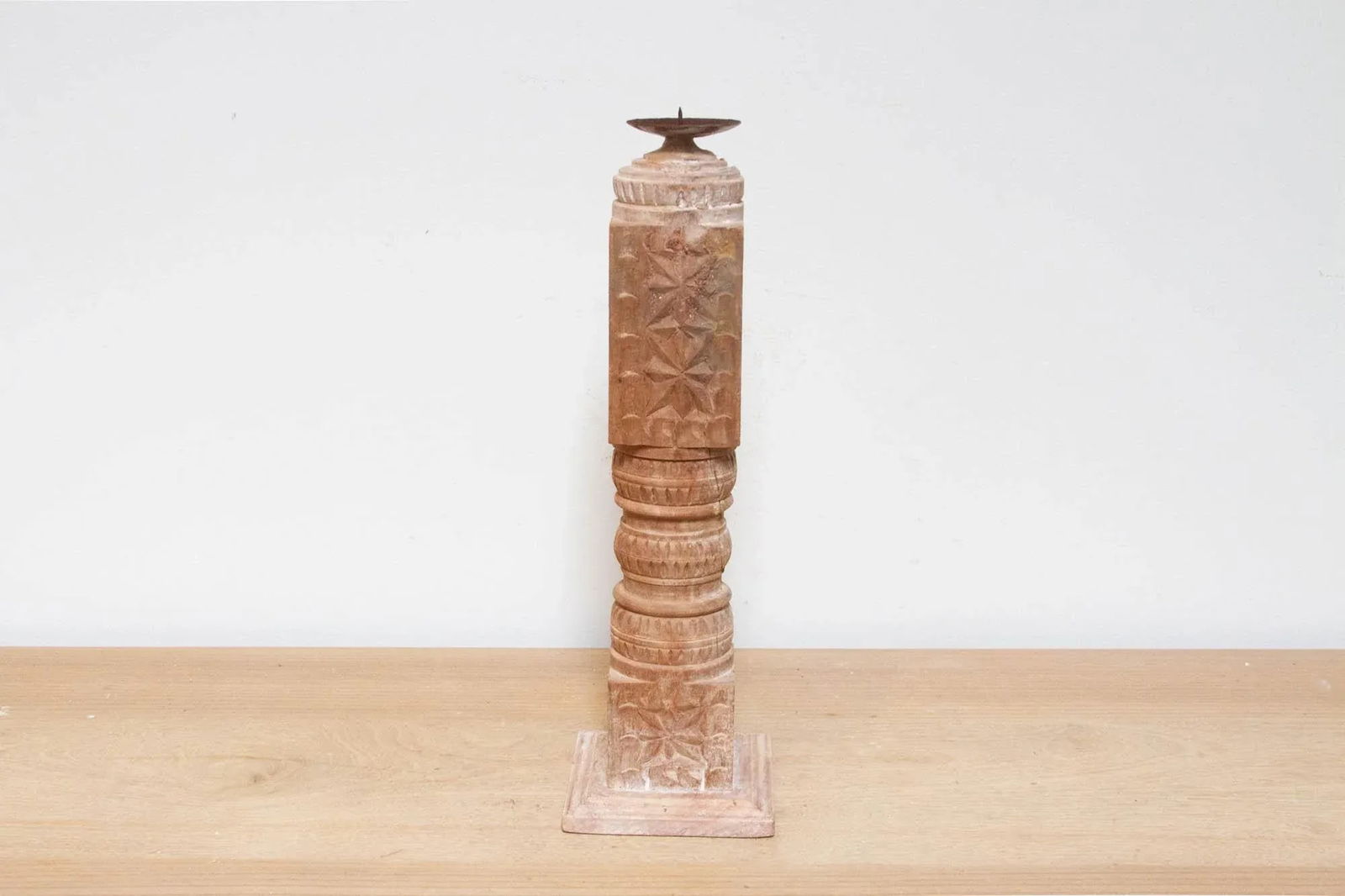 Tall Carved Wooden Candle Holder - 3