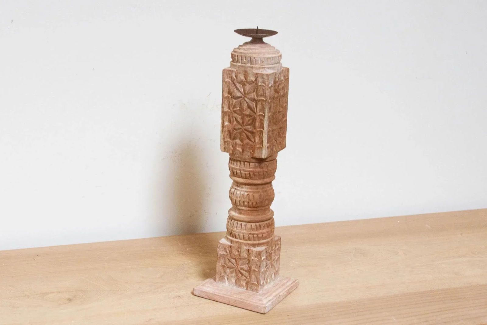 Tall Carved Wooden Candle Holder - 5
