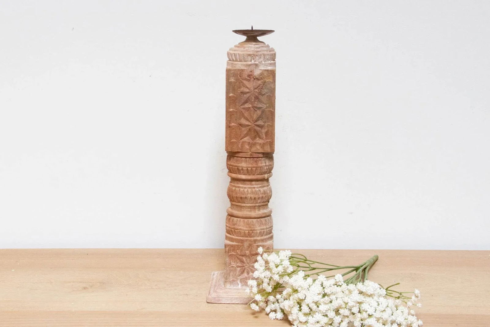 Tall Carved Wooden Candle Holder - 6