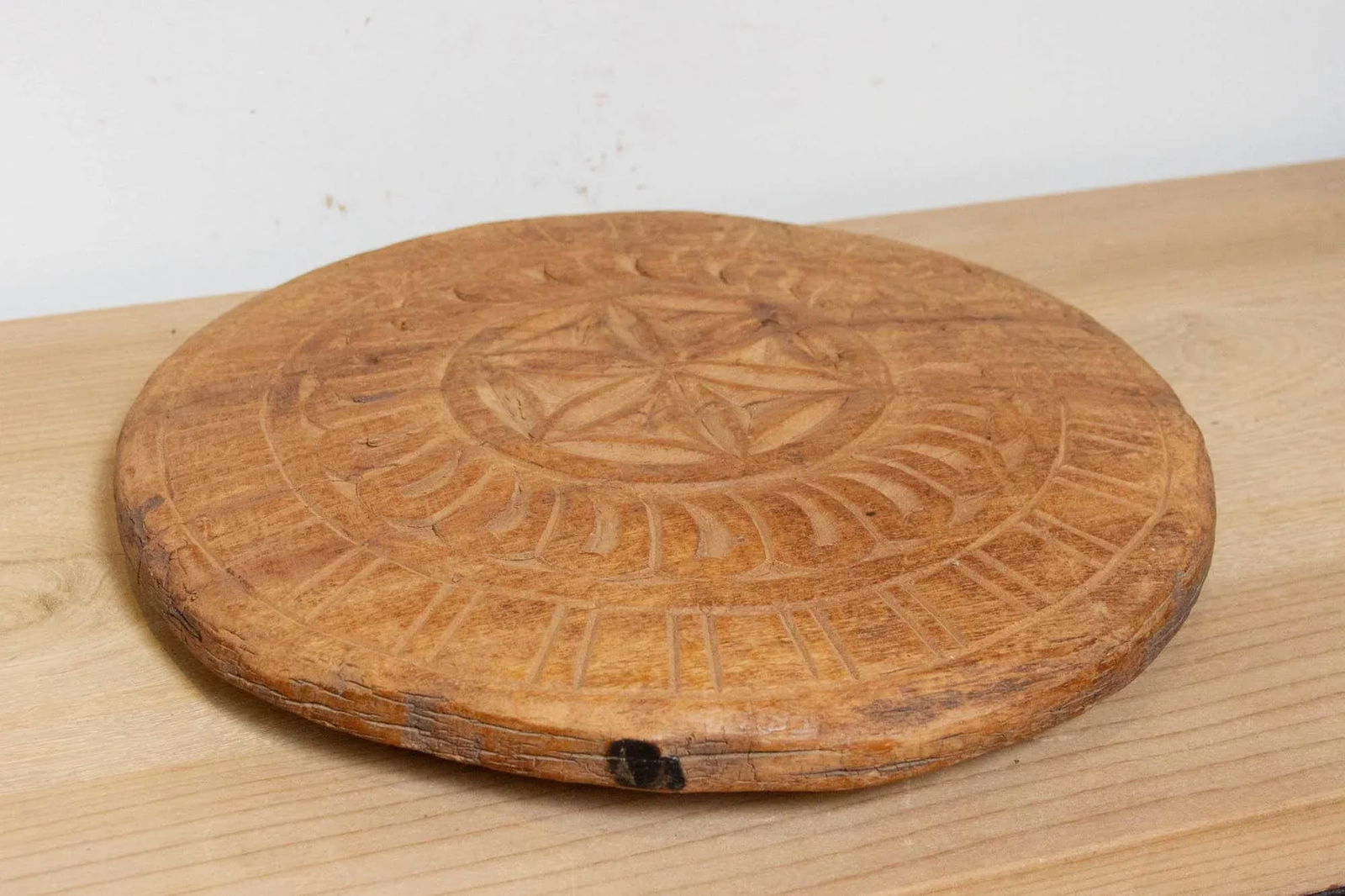 Primitive Carved Wood Round Plate - 4