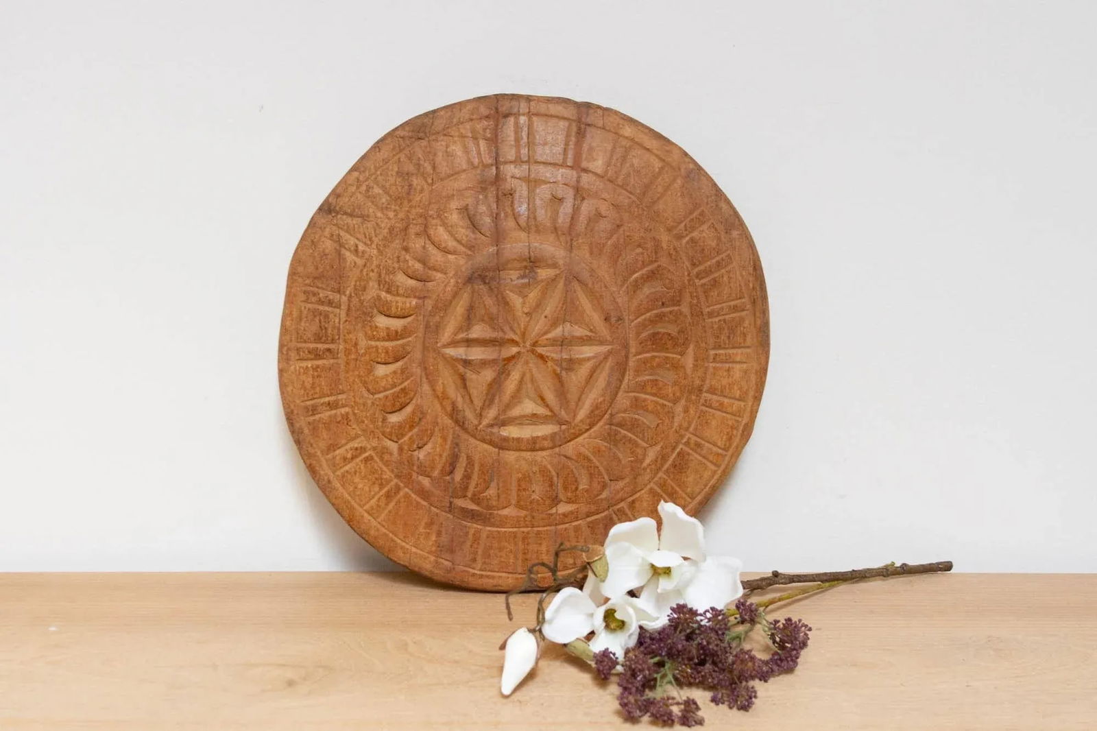 Primitive Carved Wood Round Plate - 7
