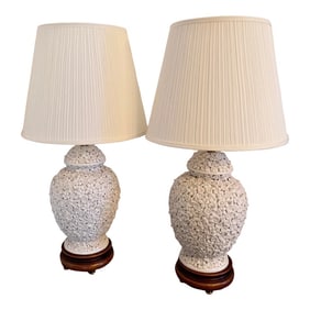Pair of Blanc De Chine Ginger Jar Table Lamps W/Applied Flowers