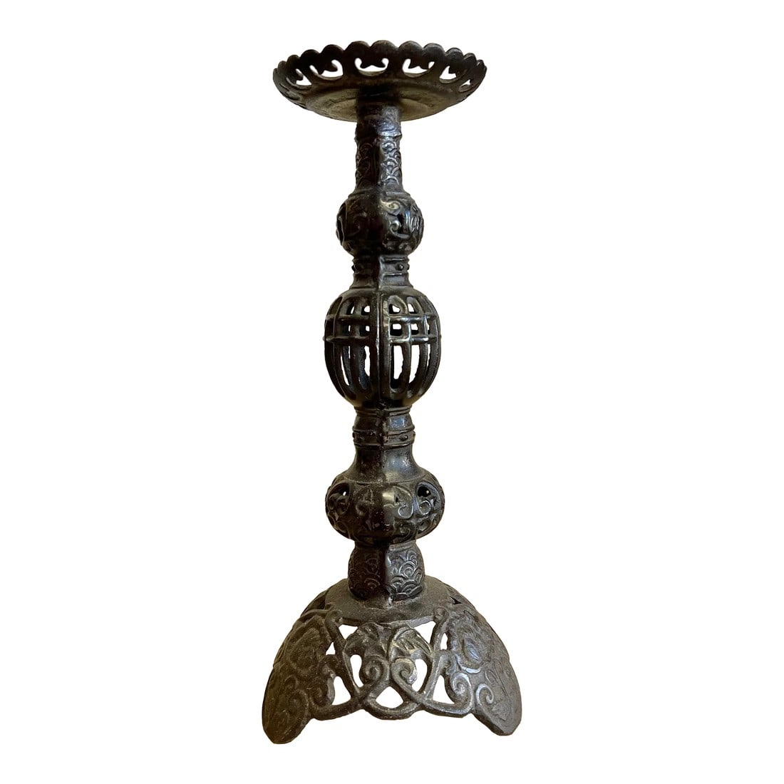 Vintage Cast Iron Filigree Ornate Candle Holder Made in Japan: This vintage candle holder is a unique piece that adds a touch of design to your home decor. Made of heavy cast iron, it has a rustic and authentic look. The holder is perfect for lighting your