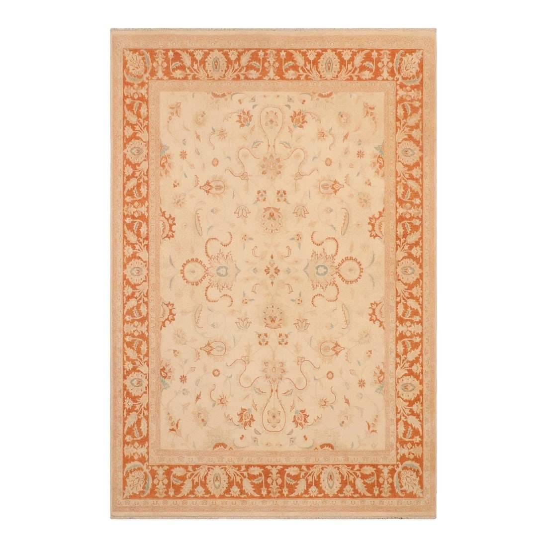 Classic Ziegler Beige Orange Hand-Knotted Wool Rug - 8'1'' X 9'11'': Enhance the ambiance of your home with this magnificent Persian-influenced Turkish hand-knotted rug made by skilled artisans capable of creating the most exceptional vegetable dyes and hand-spun