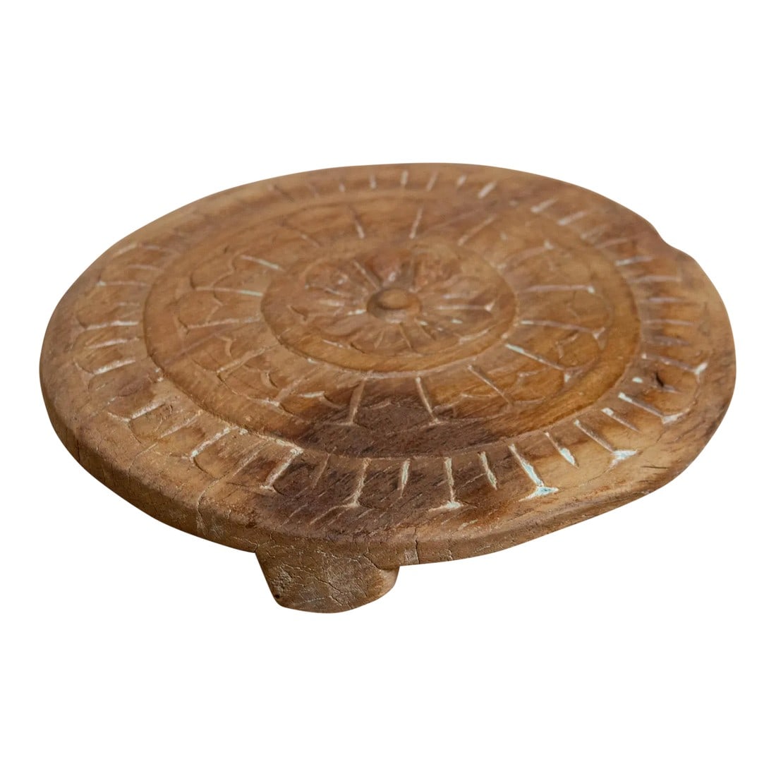 Small Floral Indian Tray: This finely carved vintage chapati plate, handcrafted from wood, brings a touch of global charm to your home. Originally used in India for tortillas or as pot stands, it features a delightful