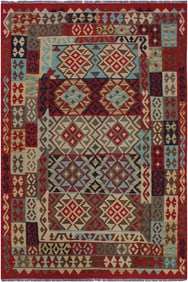 1990s Navajo Style Kilim Red Hand-Woven Wool Rug -5'2 X 6'7