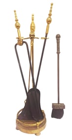 Brass and Iron Hand Made Fireplace Tool Set With Stand