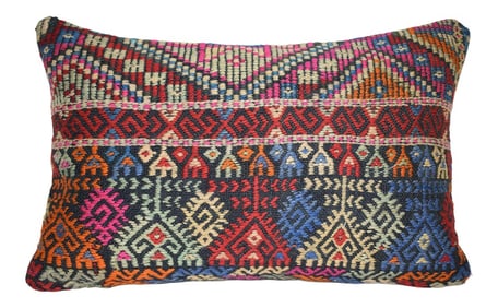 Vintage Turkish Kilim Rug Pillow With Cicim Patterns 16'' X 24'' (40 X 60 Cm)