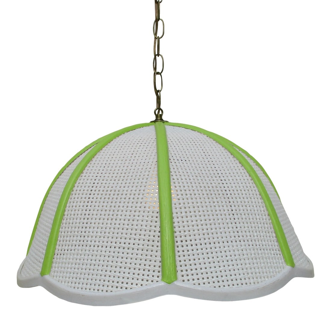 Mid-Century Modern Green and White Swag Lamp: This super cute green and white swag lamp has over 12 feet of cord woven through metal chain. The shade appears to be plastic and is in very good condition with no noted cracks, punctures or uneven