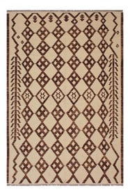 Contemporary Ivory/Brown Hand-Woven Kilim Wool Rug - 5'11 X 8'4