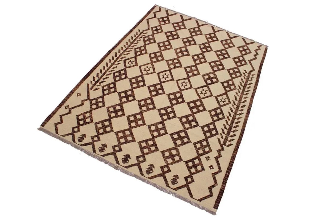 Contemporary Ivory/Brown Hand-Woven Kilim Wool Rug - 5'11 X 8'4 - 2
