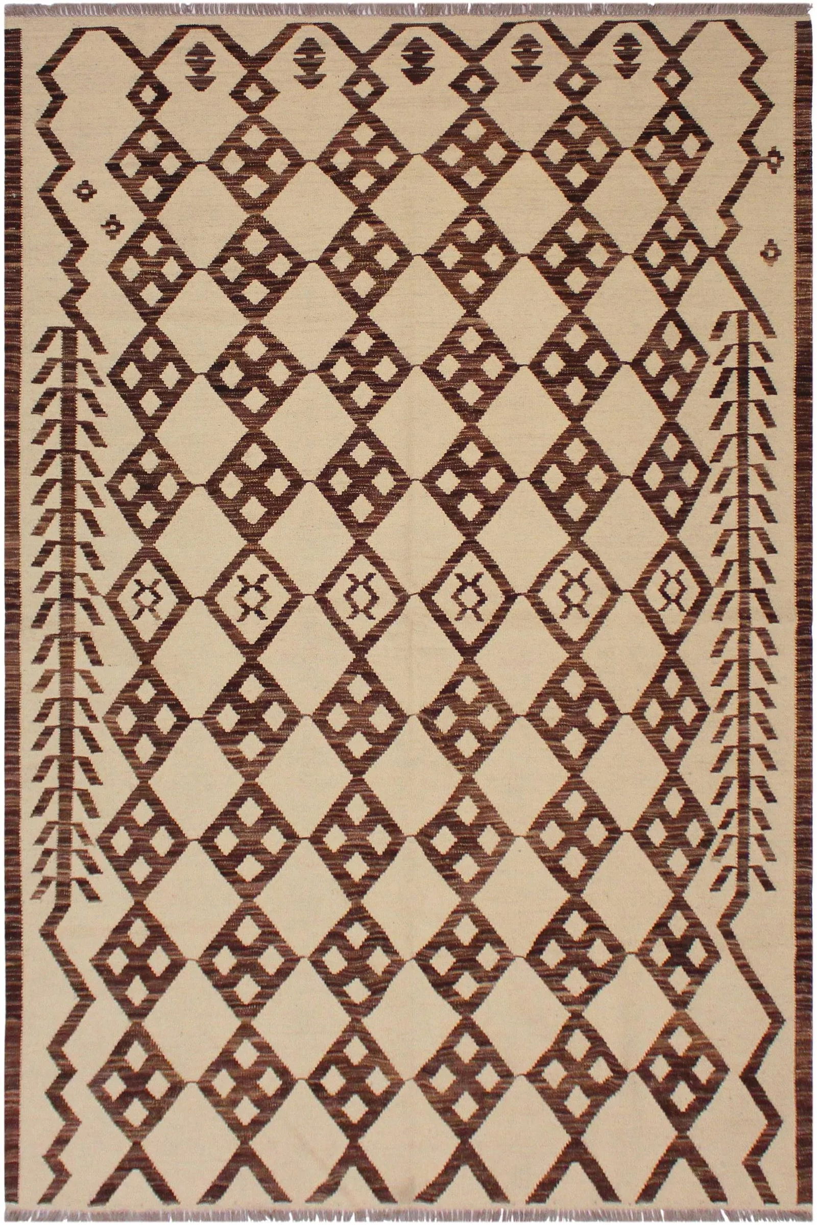 Contemporary Ivory/Brown Hand-Woven Kilim Wool Rug - 5'11 X 8'4 - 8