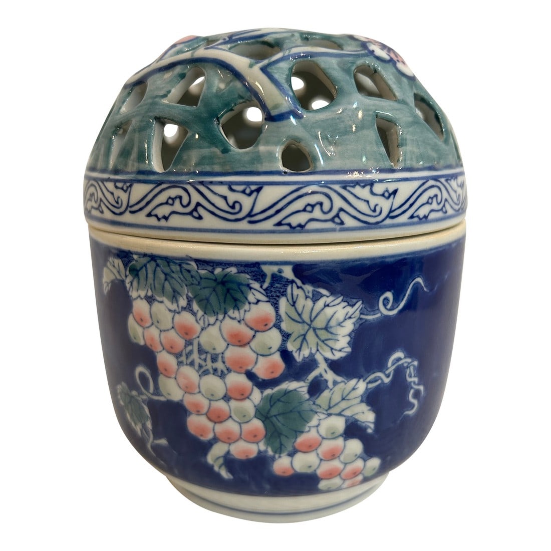 Vintage Porcelain Chinoiserie Flower Frog Vase: Love flowers but sometimes they are hard to arrange? Let this porcelain piece do the work for you. The bowl holds water and the pierced lid has many opening for flowers and greenery. The hand painted