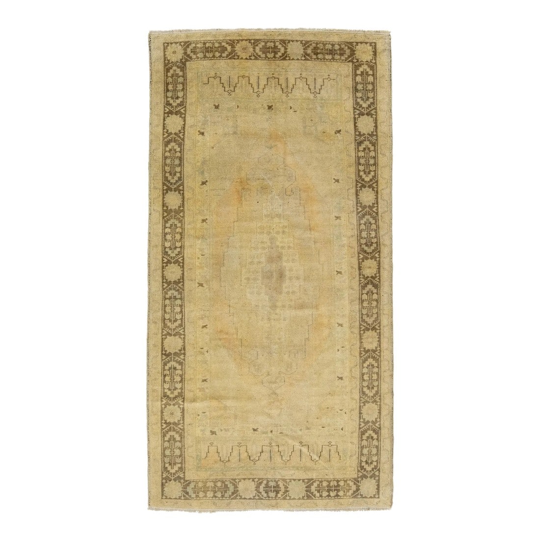Beige Antique Turkish Khotan Wool Rug Handmade With Center Motif: Beautiful Antique Turkish khotan hand-knotted wool rug with a beige field. This Khotan has brown and light orange accents in a gorgeous all-over medallion motif. This runner measures 4'6" x 8'9". 