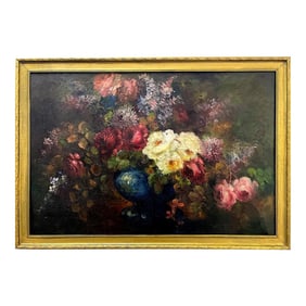 Early 20th Century Floral Still Life Oil Painting on Canvas, Framed