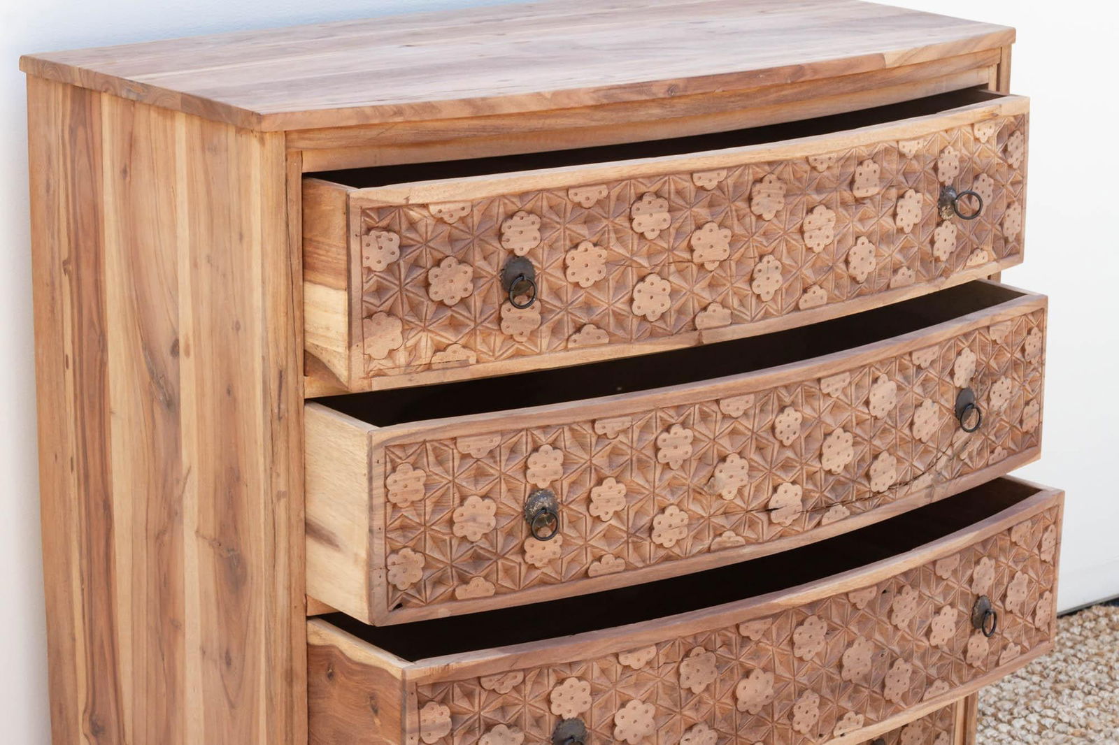 Handsome Reclaimed Teak Carved Bow Dresser - 11