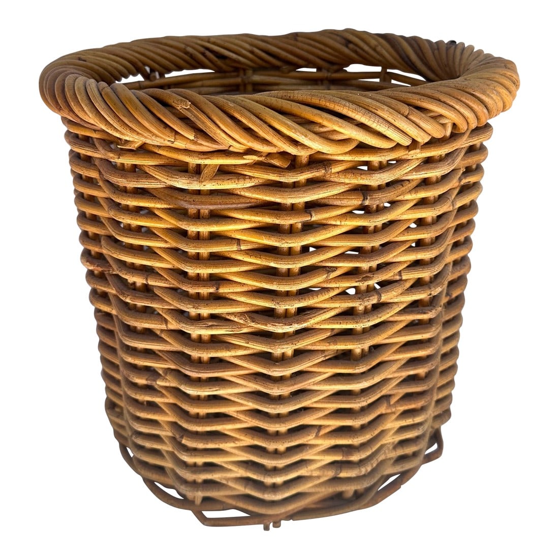 Vintage French Thick Woven Rattan/Wicker Basket: Vintage French Thick Woven Rattan/Wicker Basket or planter. Great for a coastal home, boho. Many uses 12.5in h x 13in w x 13in d 10.5 inside Make sure to follow me, I have flash sales for my followers