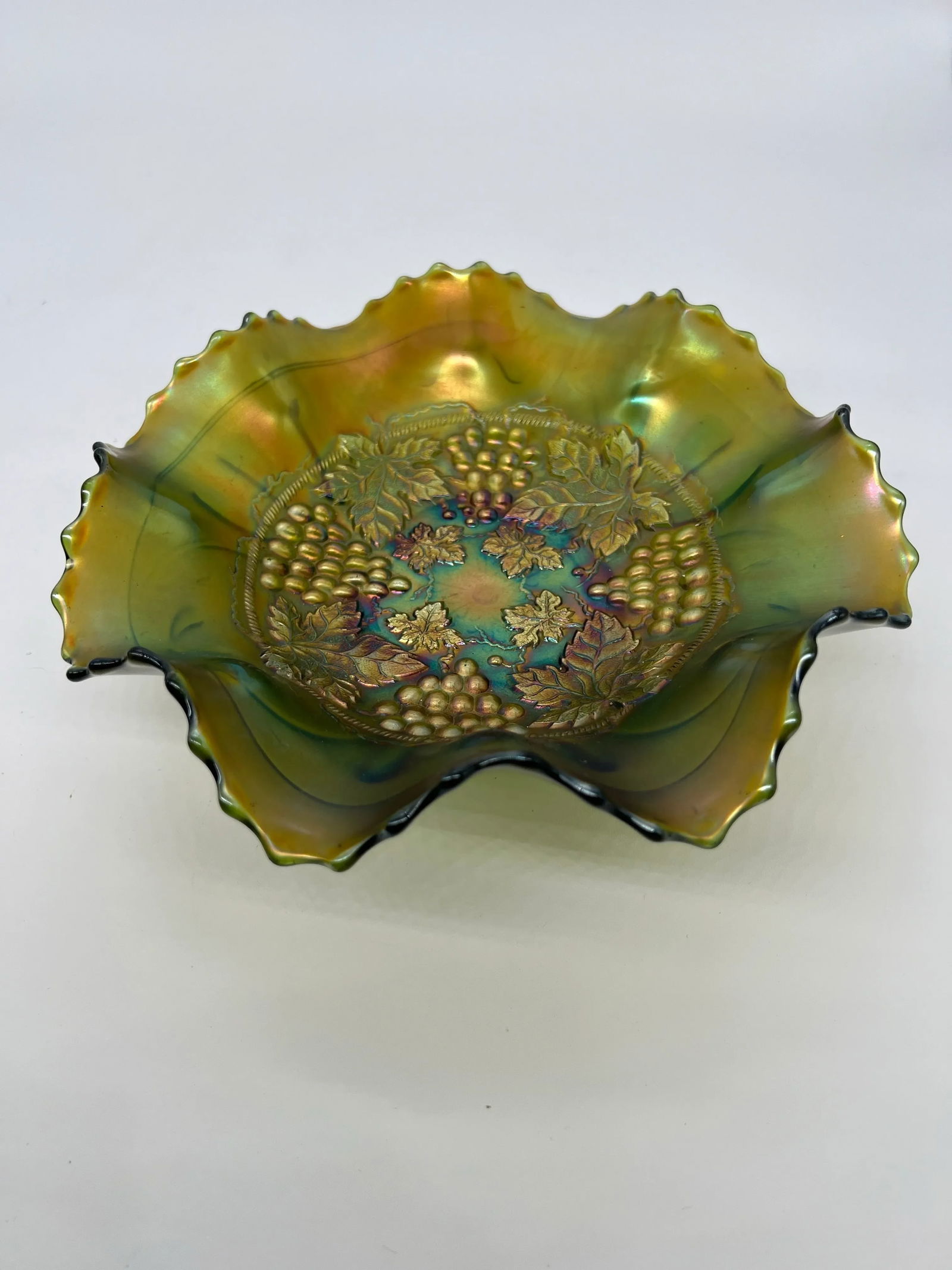 Antique Northwoods Carnival Glass Ruffled Edge Footed Bowl - 7