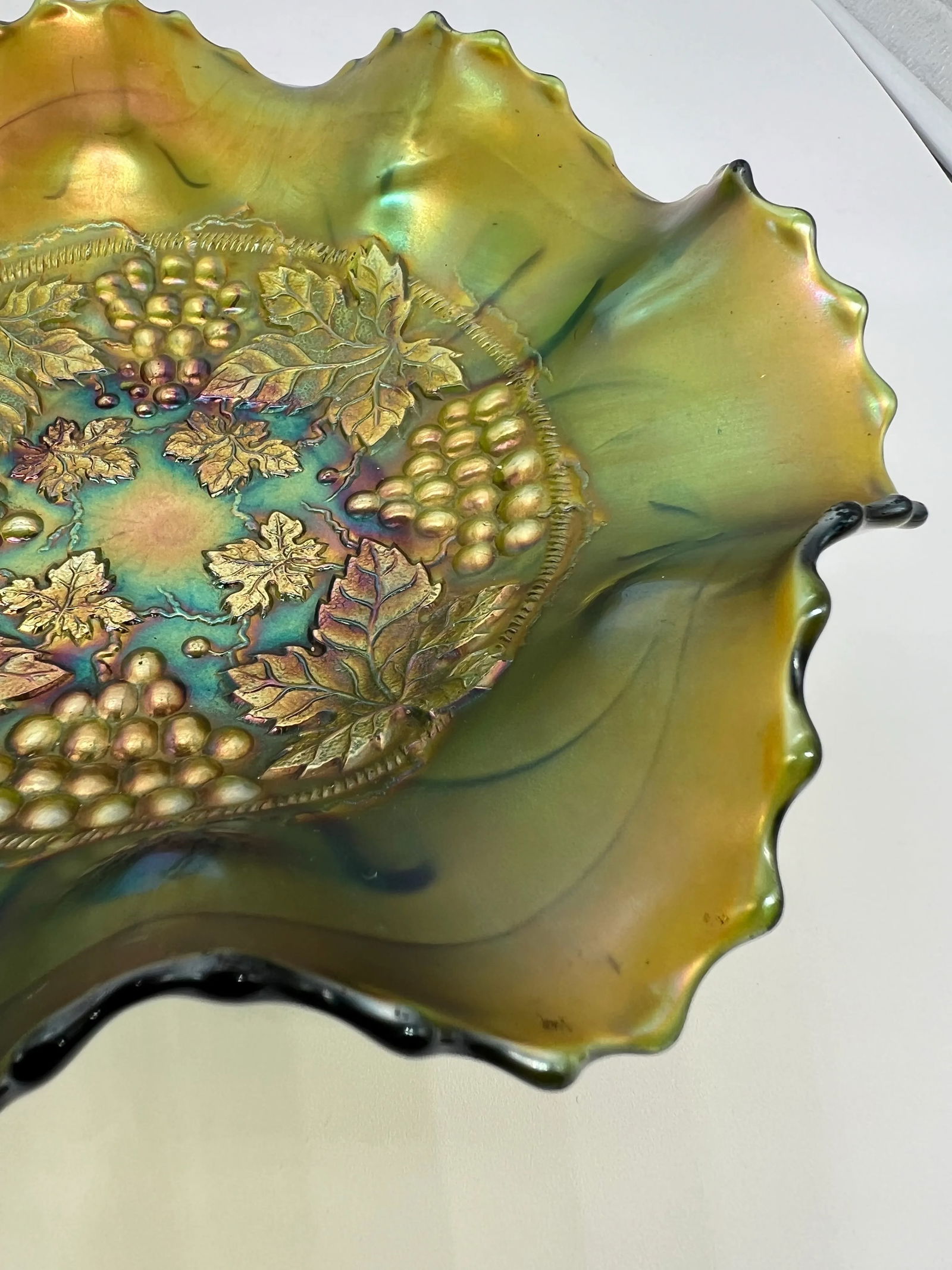 Antique Northwoods Carnival Glass Ruffled Edge Footed Bowl - 8