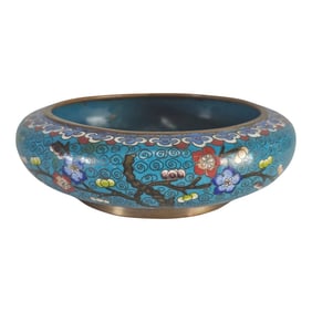 Chinese Cloisonné Lotus Tree Enamel Blue Bowl