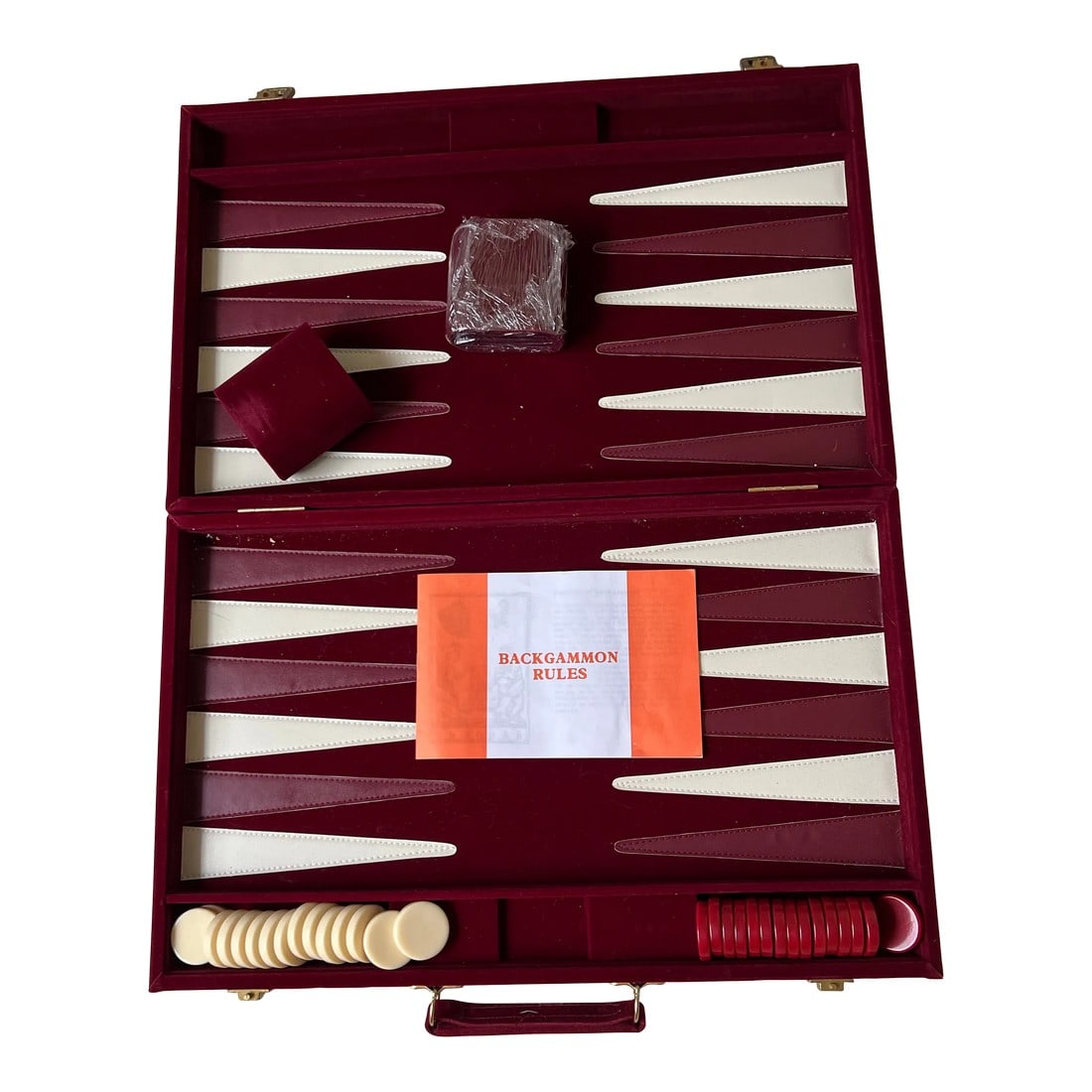 Vintage Burgundy Velvet Backgammon Game Board Carrying Case: Burgundy suede Backgammon set in carrying case. Includes chips, dice and dice cups. Durable suede and leatherette playing surface. Smart case for storage and portability. Well-built for years of play.
