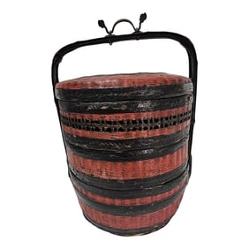 Chinese Red & Black Lacquer Bamboo Rattan Nested Basket