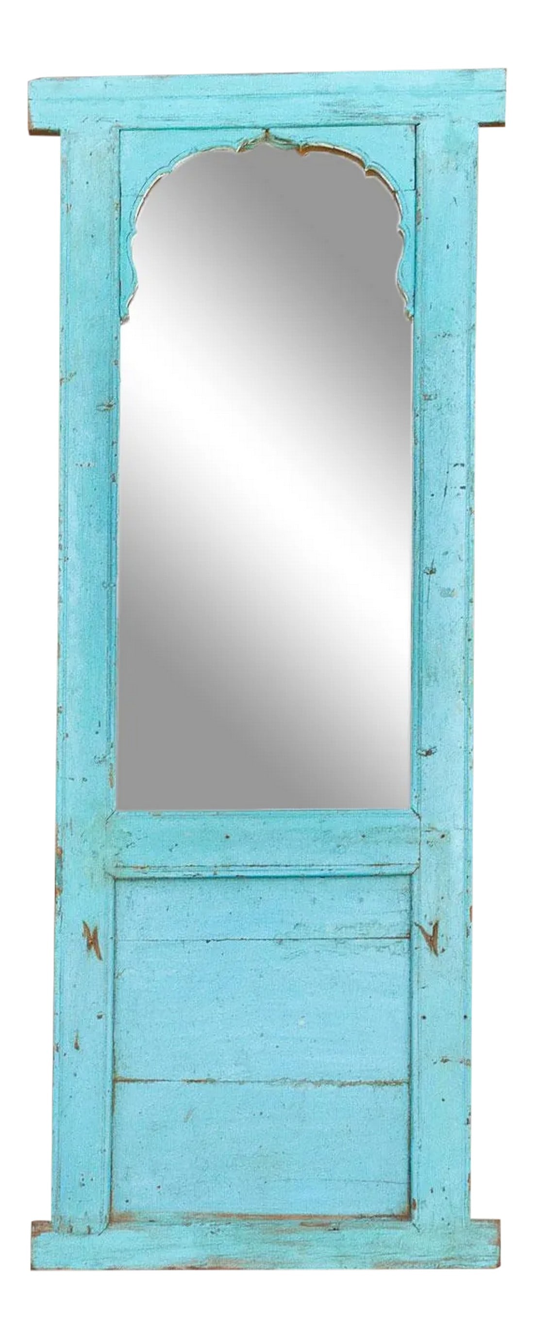 Antique Haveli Blue Floor Mirror: Repurposed from an antique window frame that was once in a Haveli in Jodhpur, India. This mirror preserves its original blue color, it stands tall and has an arched top. **Please bear in mind that col