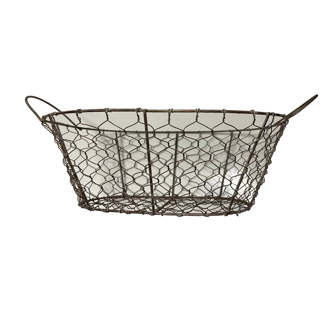 Mid 20th Century Small Basket with Handles: Vintage hand made wire basket with 2 side handles. Use as a bread basket or to store fruit / vegetables in. Great decorative item. Condition: Alterations: Original Condition Unaltered Imperfections: S