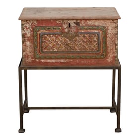 Antique Carved & Painted Box Side Table