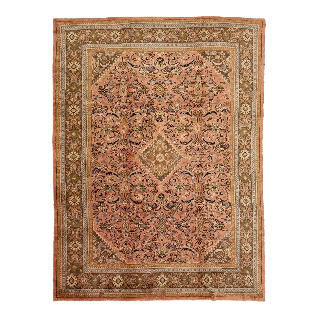 1930s Vintage Mahal Persian Wool Rug in Pink With Allover Design: This Persian Mahal hand-knotted wool rug features a pink field with a vibrant multicolor allover design. This rug measures 9'8'' x 13'. Condition: Alterations: Original Condition Unaltered