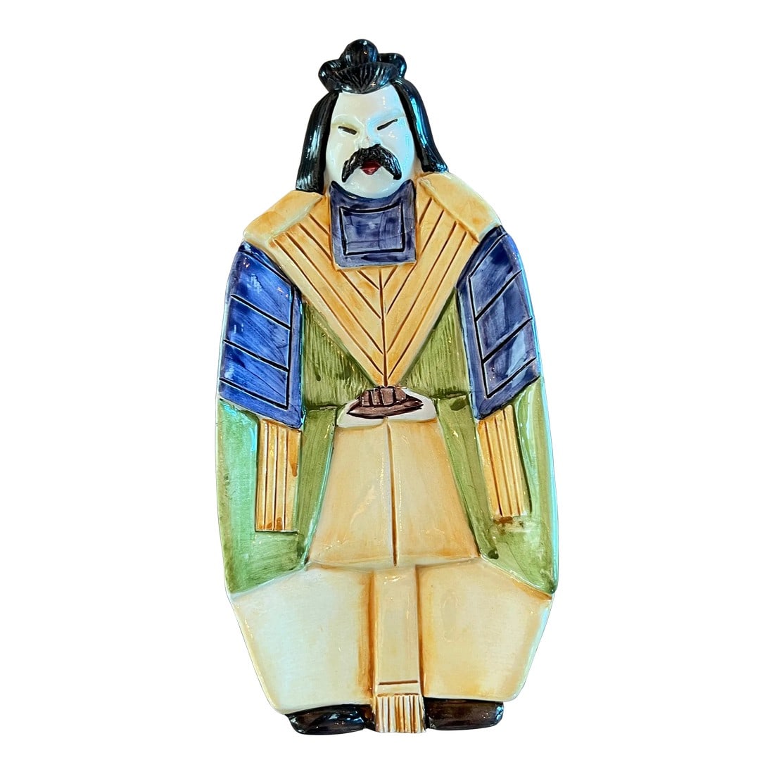 Colorful Asian Man Spoon Rest / Dish or Wall Hanging: Hand painted dish in the shape of a man wearing traditional asian clothing. Perfect size for a spoon rest. Bright colors make this dish eye catching. There is a hanger on the back if you choose to