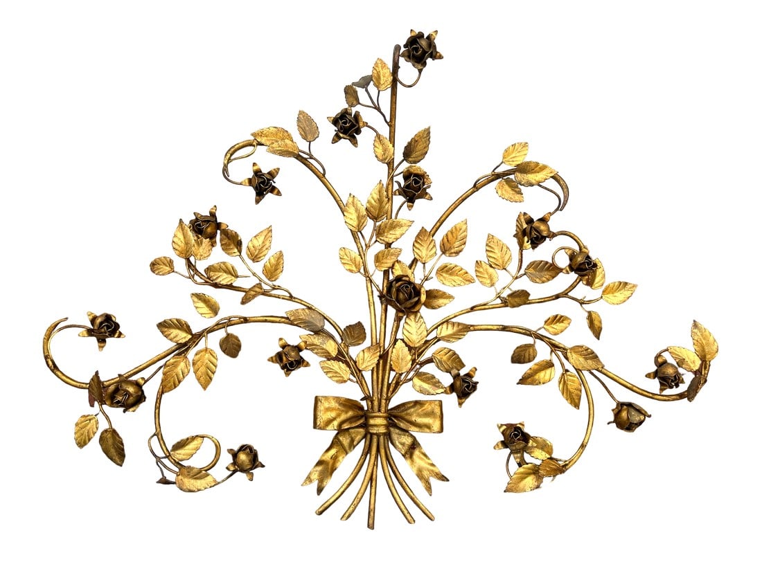 Large 1950s Italian Hans Kögl Gilded Brass Tole Rose Bouquet Spray Wall Sculpture (1 of 10)