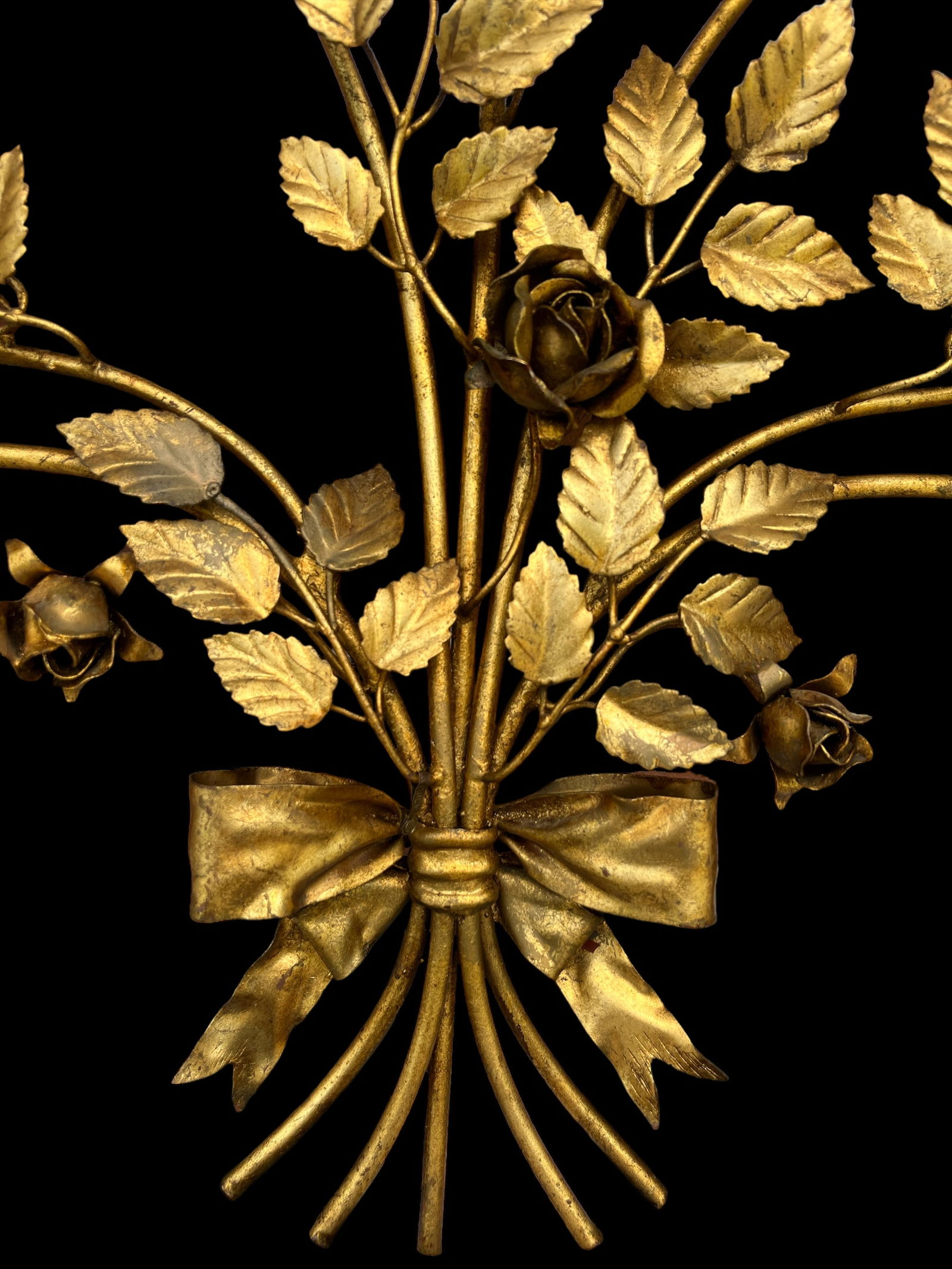 Large 1950s Italian Hans Kögl Gilded Brass Tole Rose Bouquet Spray Wall Sculpture - 2