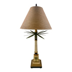Vintage Palm Beach Regency Style Hand Painted Palm Tree Column Table Lamp With Shade