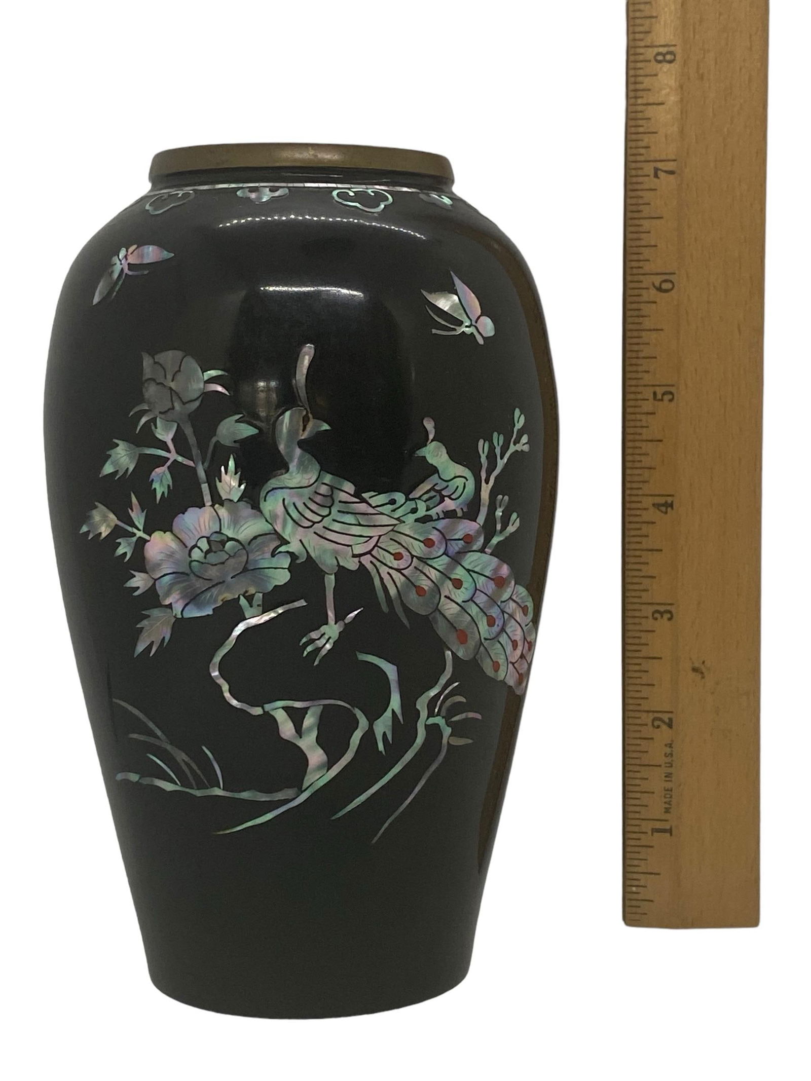 1970's Peacock Design Black Vase Mother of Pearl Abalone Mosaic Enamel Over Brass - 10