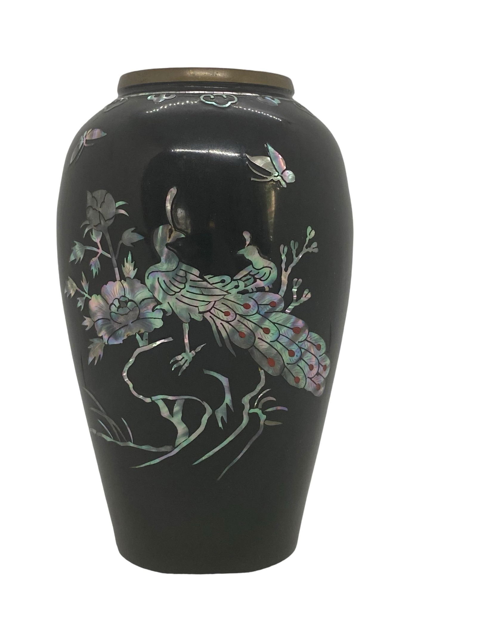 1970's Peacock Design Black Vase Mother of Pearl Abalone Mosaic Enamel Over Brass - 12