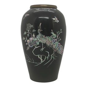 1970's Peacock Design Black Vase Mother of Pearl Abalone Mosaic Enamel Over Brass