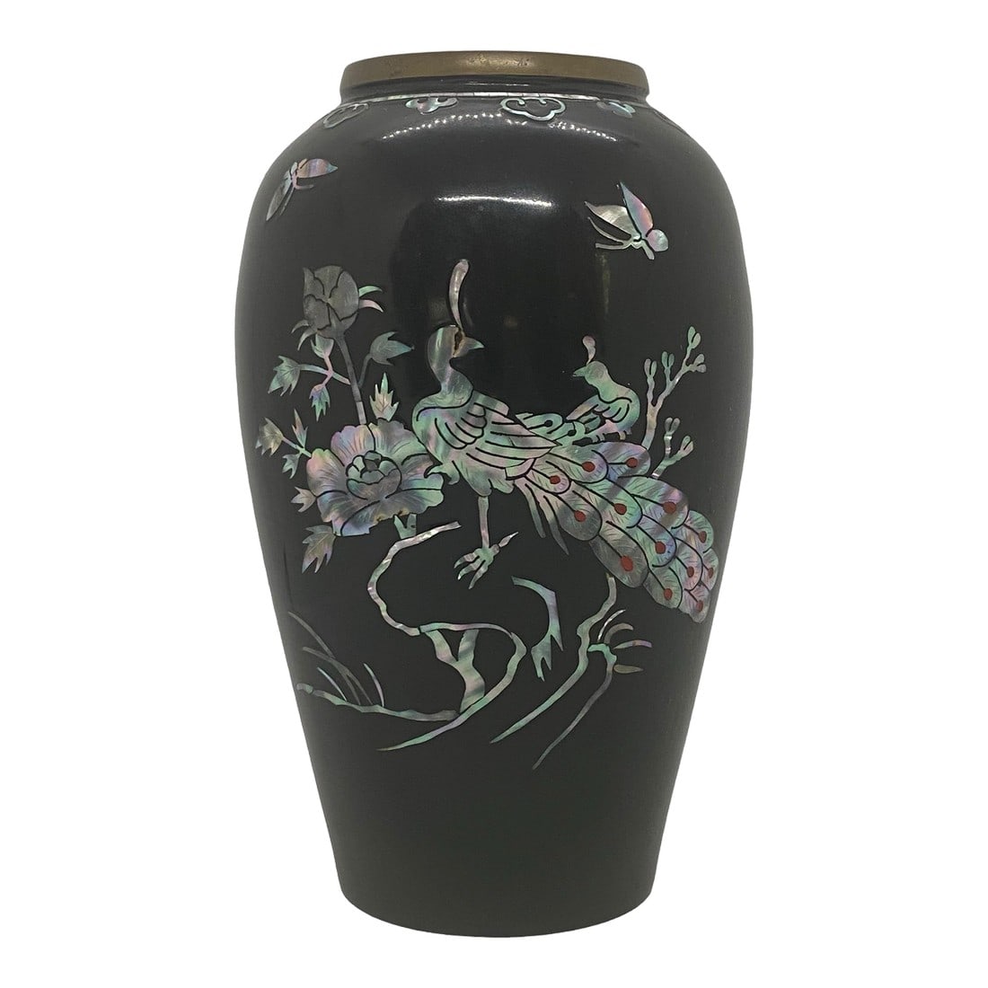 1970's Peacock Design Black Vase Mother of Pearl Abalone Mosaic Enamel Over Brass: 1970's Peacock Design Black 7" Vase Mother of Pearl Abalone Mosaic Enamel Over Brass. This black vase has a beautifully designed scene of two peacocks, butterflies and flowers using a mother of